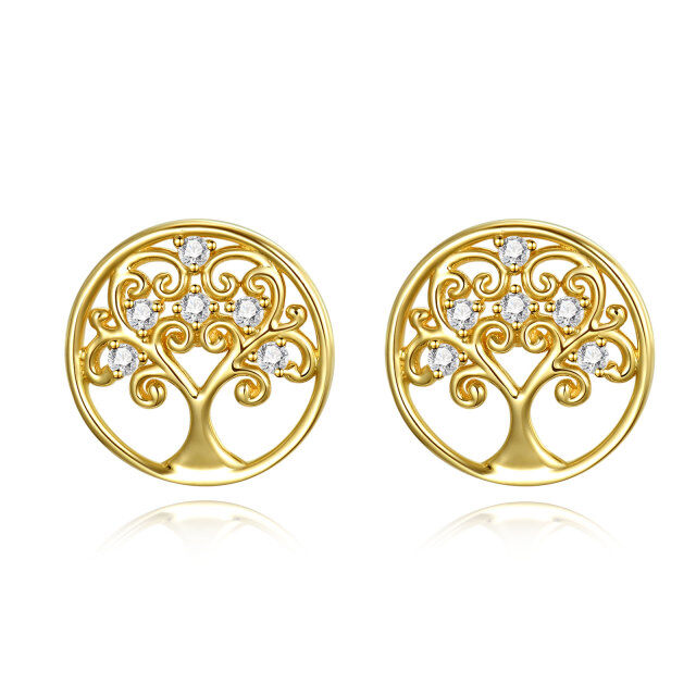 10K Gold Circular Cubic Zirconia Tree Of Life Stud Earrings