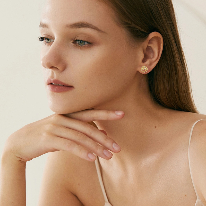 10K Gold Circular Cubic Zirconia Tree Of Life Stud Earrings-2