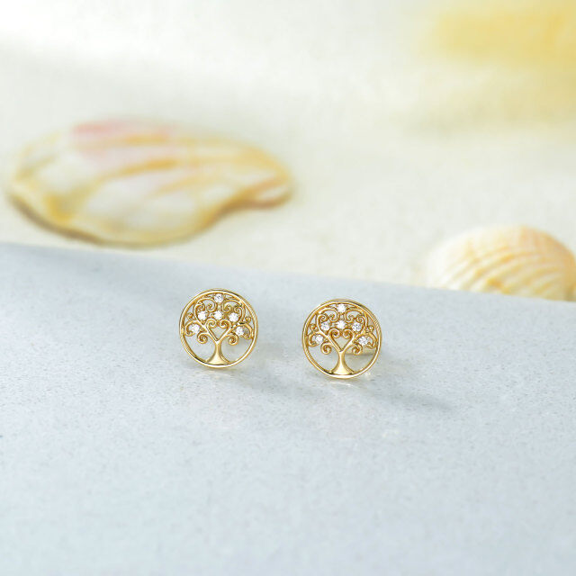 Aretes con forma de árbol de la vida con circonita cúbica circular en oro de 14 quilates-3