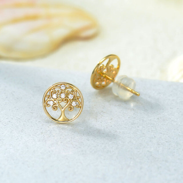 Aretes con forma de árbol de la vida con circonita cúbica circular en oro de 14 quilates-4