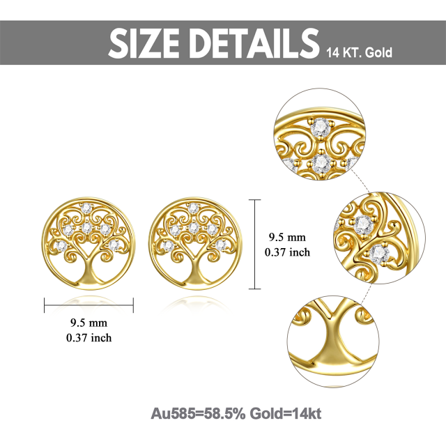 Aretes con forma de árbol de la vida con circonita cúbica circular en oro de 14 quilates-5