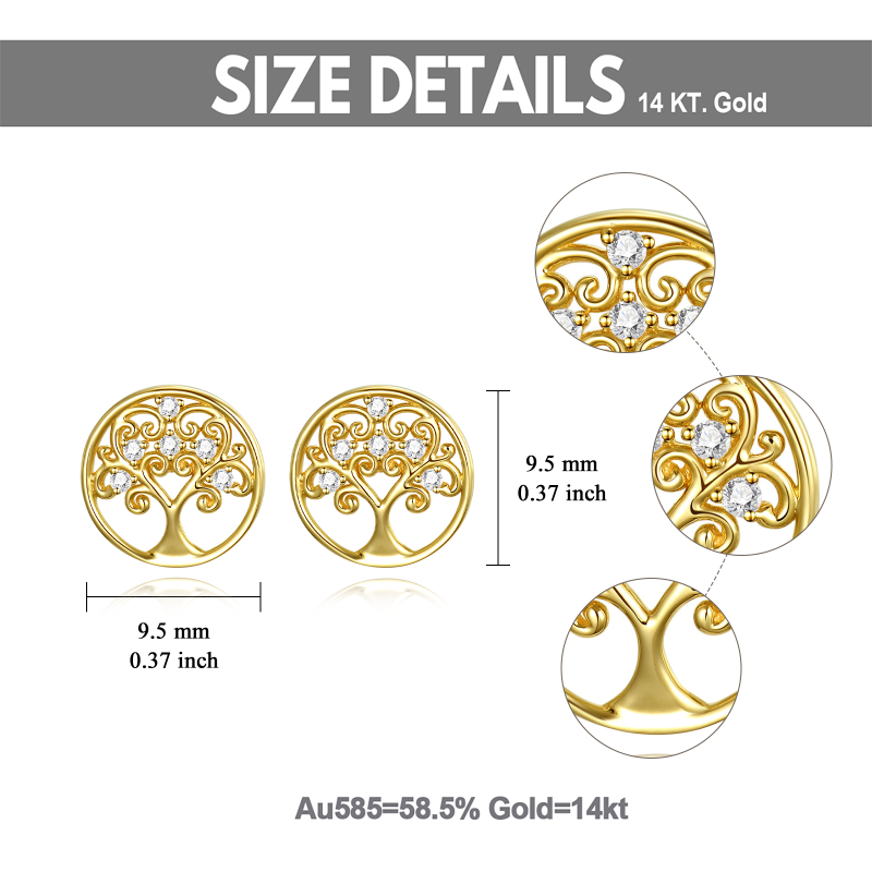 10K Gold Circular Cubic Zirconia Tree Of Life Stud Earrings-5