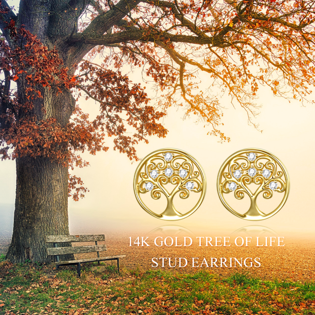 14K Gold Circular Cubic Zirconia Tree Of Life Stud Earrings-6