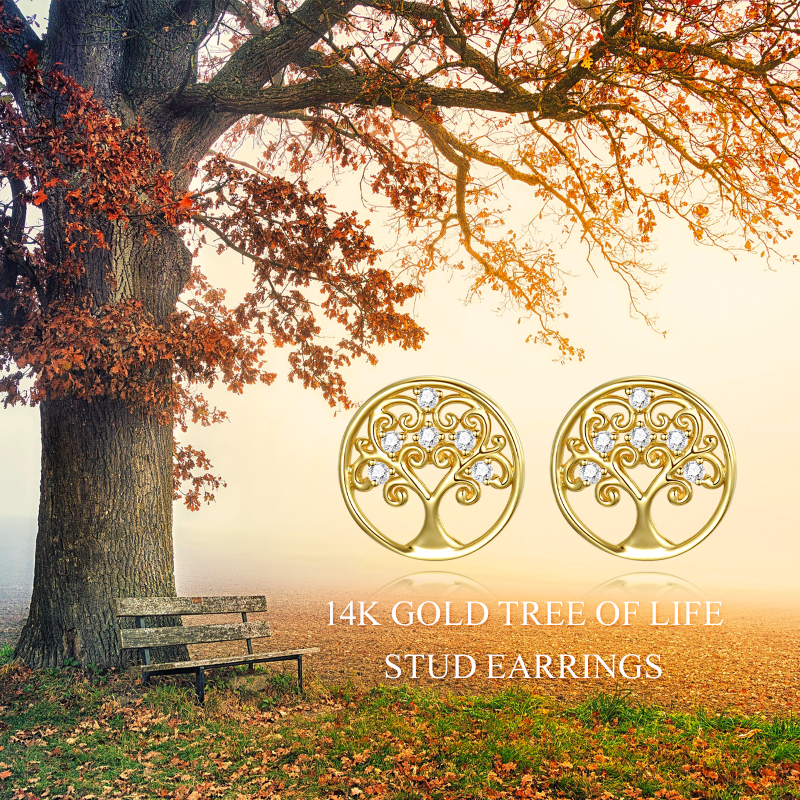 10K Gold Circular Cubic Zirconia Tree Of Life Stud Earrings-6