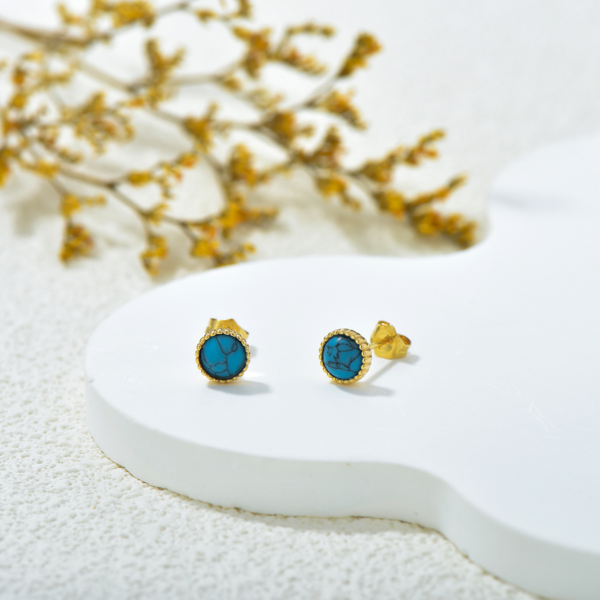 14K Gold Circular Turquoise Round Stud Earrings-4