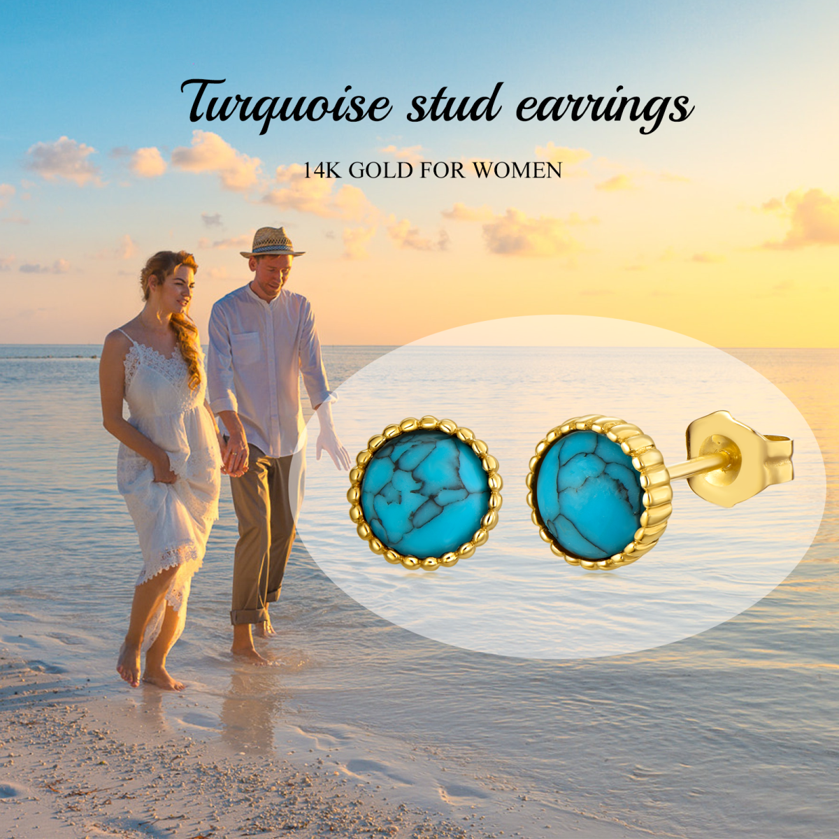 14K Gold Circular Turquoise Round Stud Earrings-6