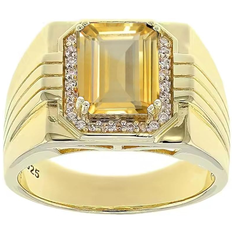 14K Gold Citrine with Diamonds Halo Emerald Cut Custom Engagement Ring for Men-1