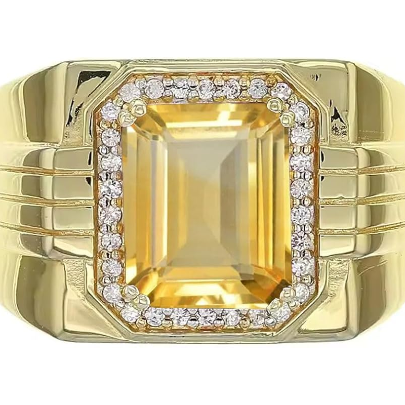 14K Gold Citrine with Diamonds Halo Emerald Cut Custom Engagement Ring for Men-2