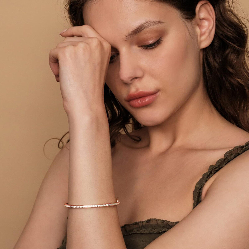 14K Gold Cubic Zirconia Classic Love Cuff Bangle Tennis Bracelet-2