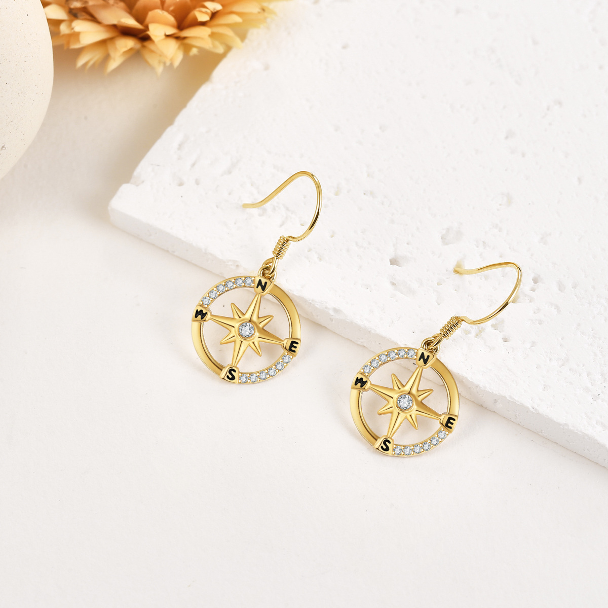 10K Gold Cubic Zirconia Compass Drop Earrings-3