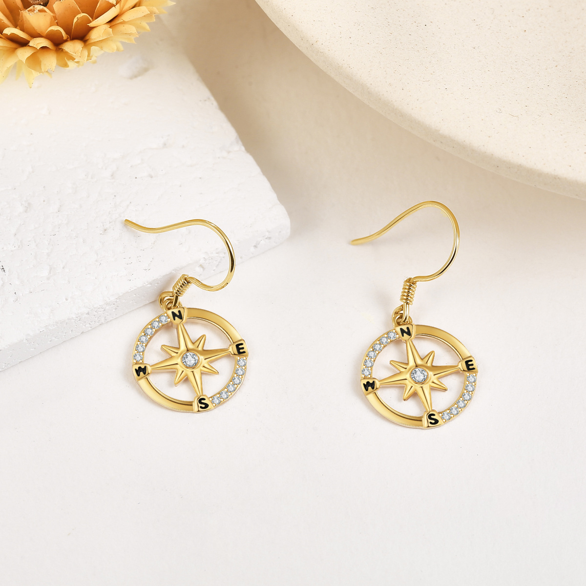 18K Gold Cubic Zirconia Compass Drop Earrings-4