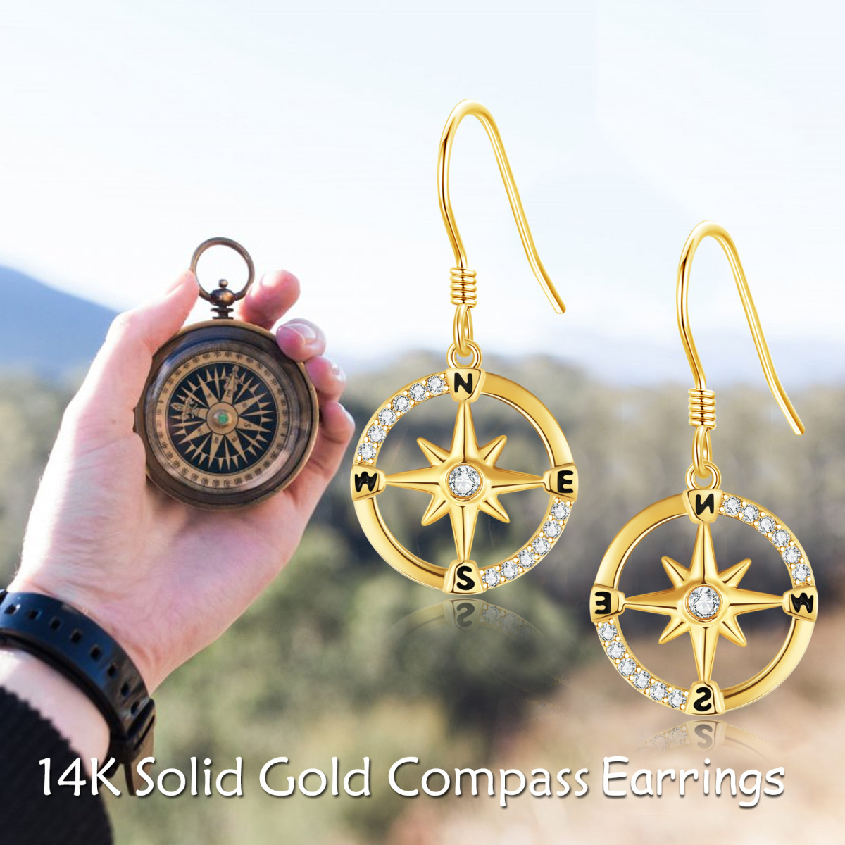 14 Karat Gold-Ohrhänger mit Kompass und Zirkonia-6