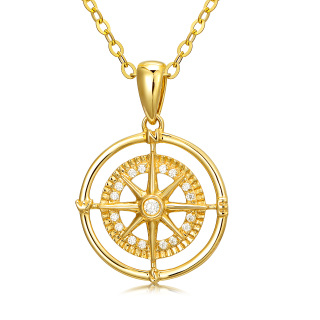 10K Gold Compass Pendant Necklace with 5A Austria Zircon-56