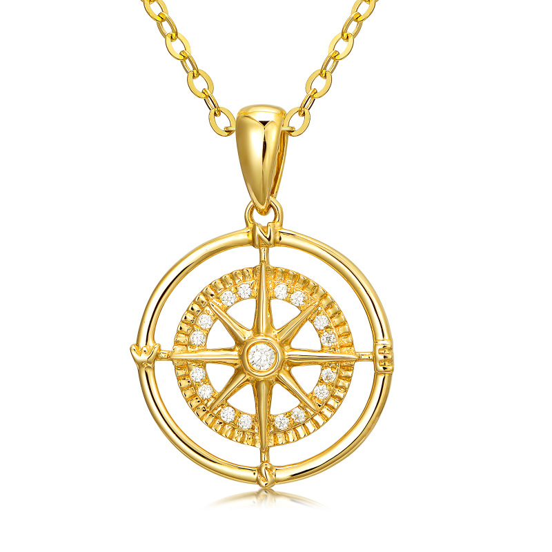 14K Gold Compass Pendant Necklace with 5A Austria Zircon