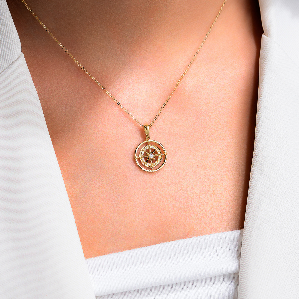 14K Gold Compass Pendant Necklace with 5A Austria Zircon-2