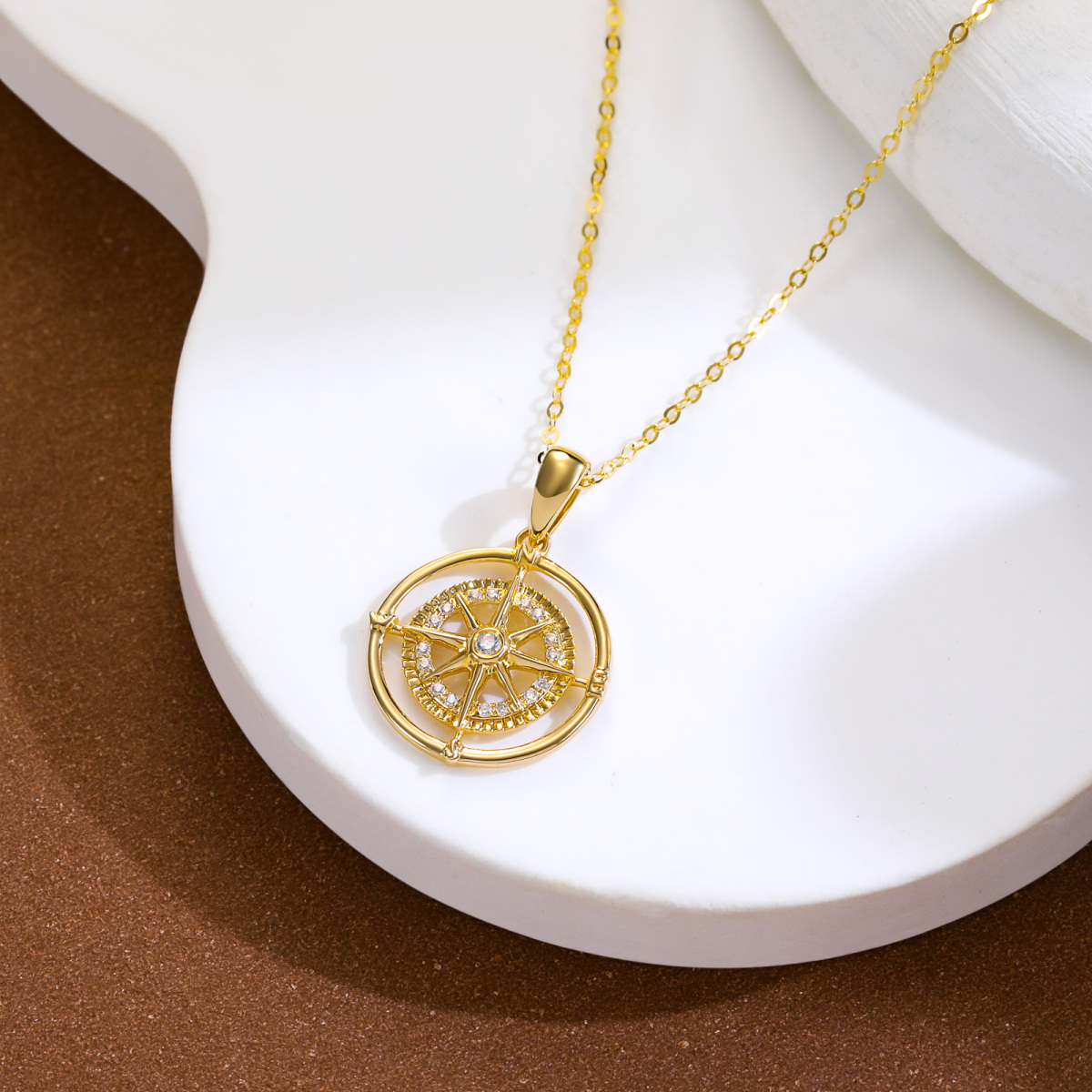 14K Gold Compass Pendant Necklace with 5A Austria Zircon-3