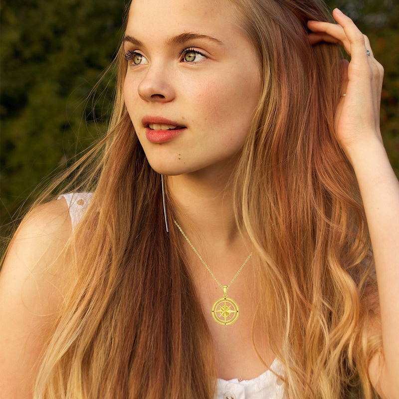 14K Gold Compass Pendant Necklace For Women Men-2