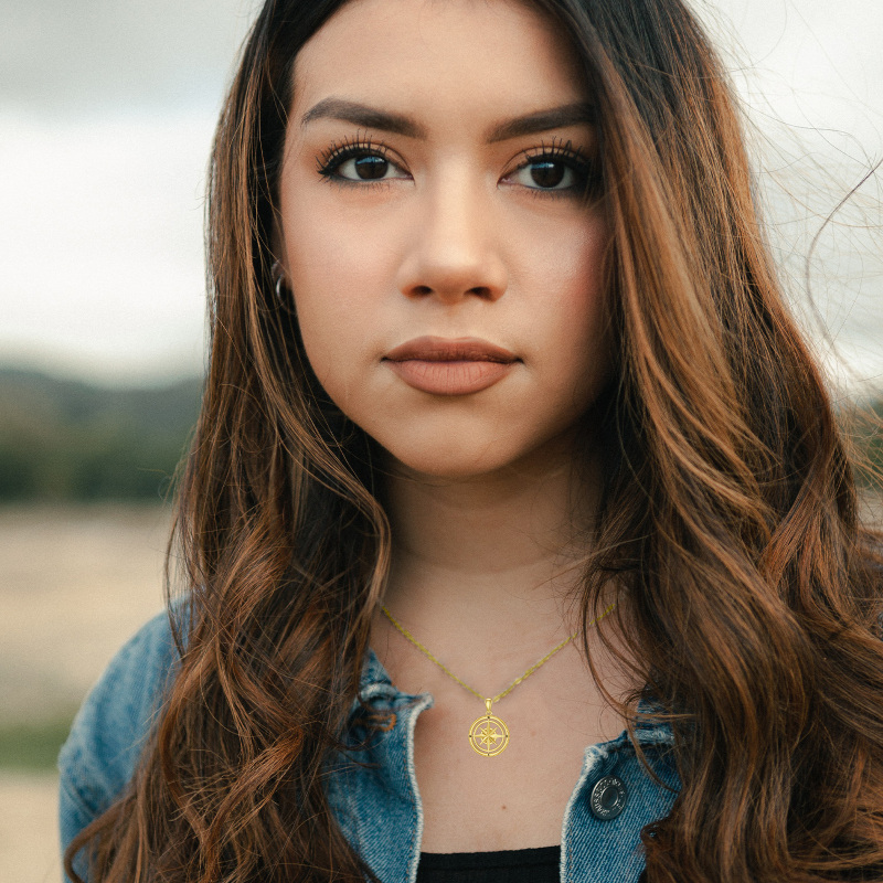 14K Gold Compass Pendant Necklace For Women Men-3