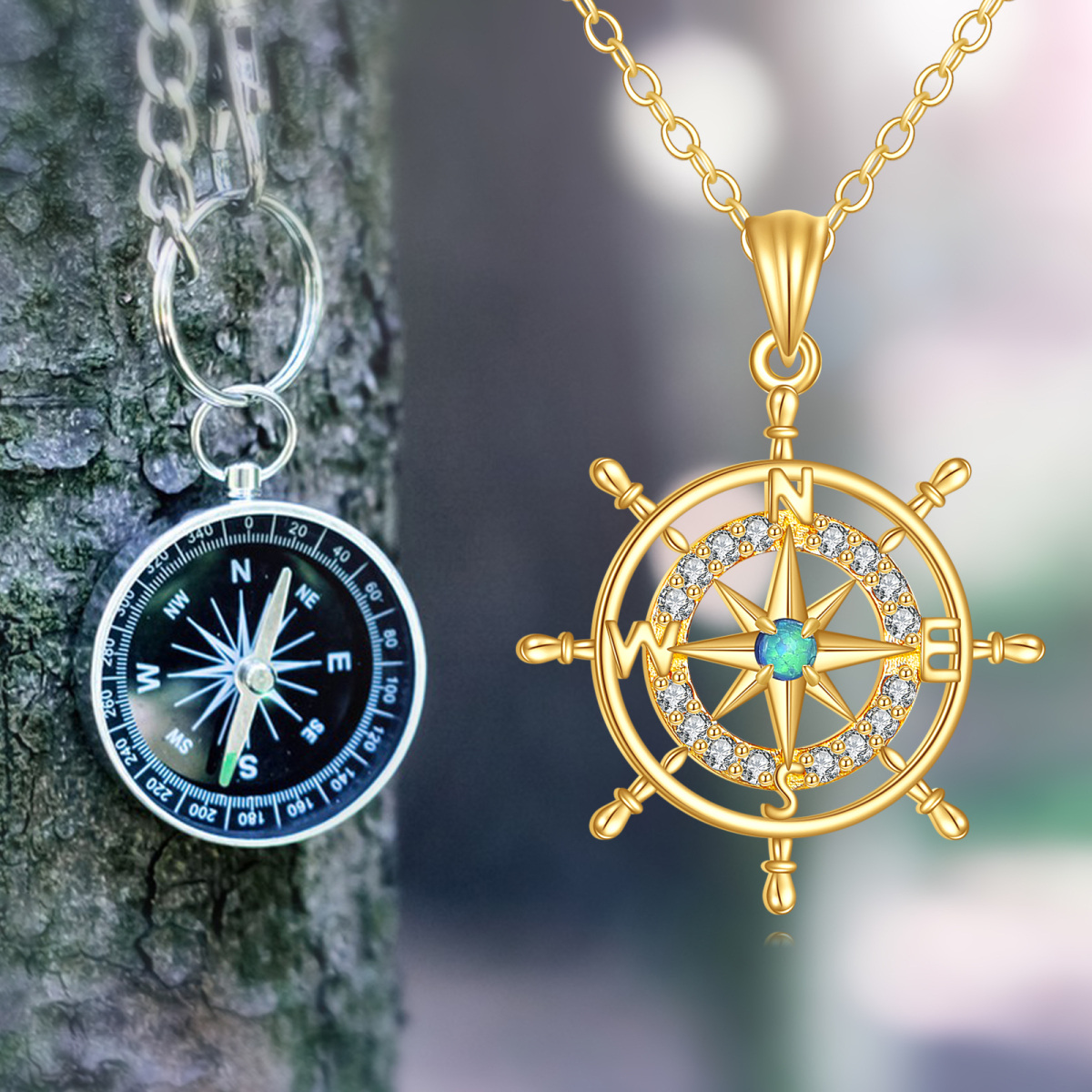 14K Gold Cubic Zirconia Compass Pendant Necklace-5