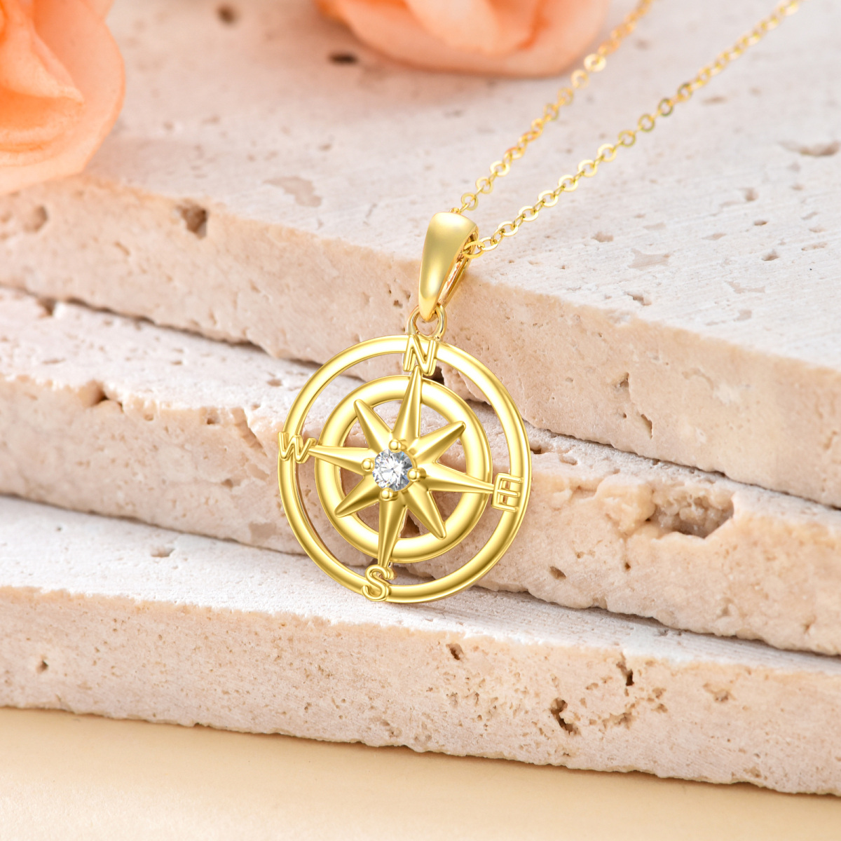 14K Gold Cubic Zirconia Compass Pendant Necklace-4