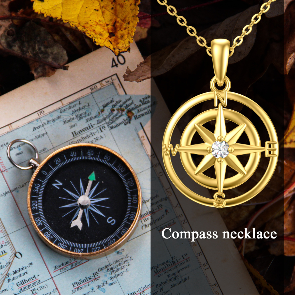 14K Gold Cubic Zirconia Compass Pendant Necklace-5