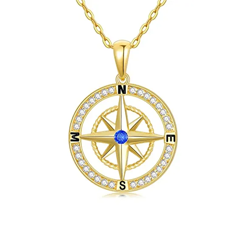 10K Gold Cubic Zirconia Compass Pendant Necklace-1