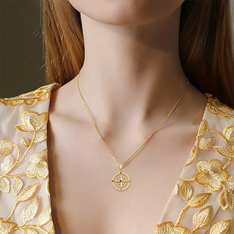 10K Gold Cubic Zirconia Compass Pendant Necklace-2