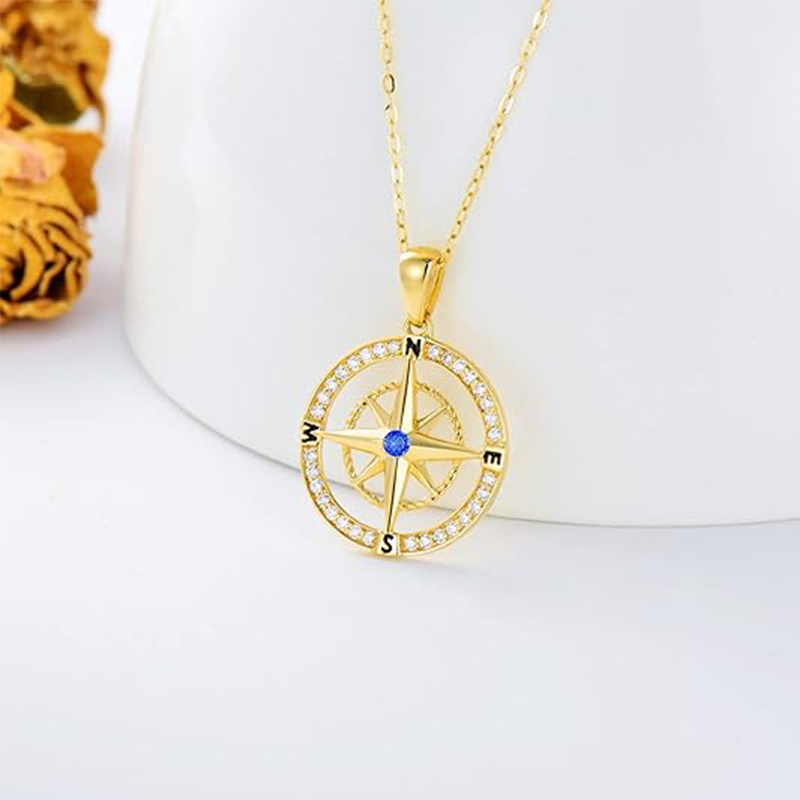 10K Gold Cubic Zirconia Compass Pendant Necklace-3