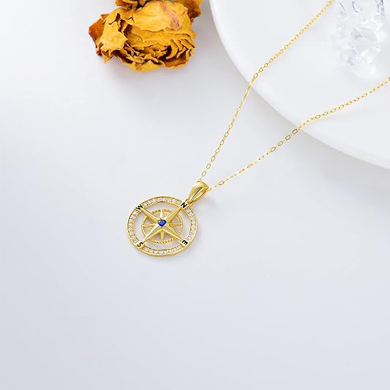 10K Gold Cubic Zirconia Compass Pendant Necklace-4