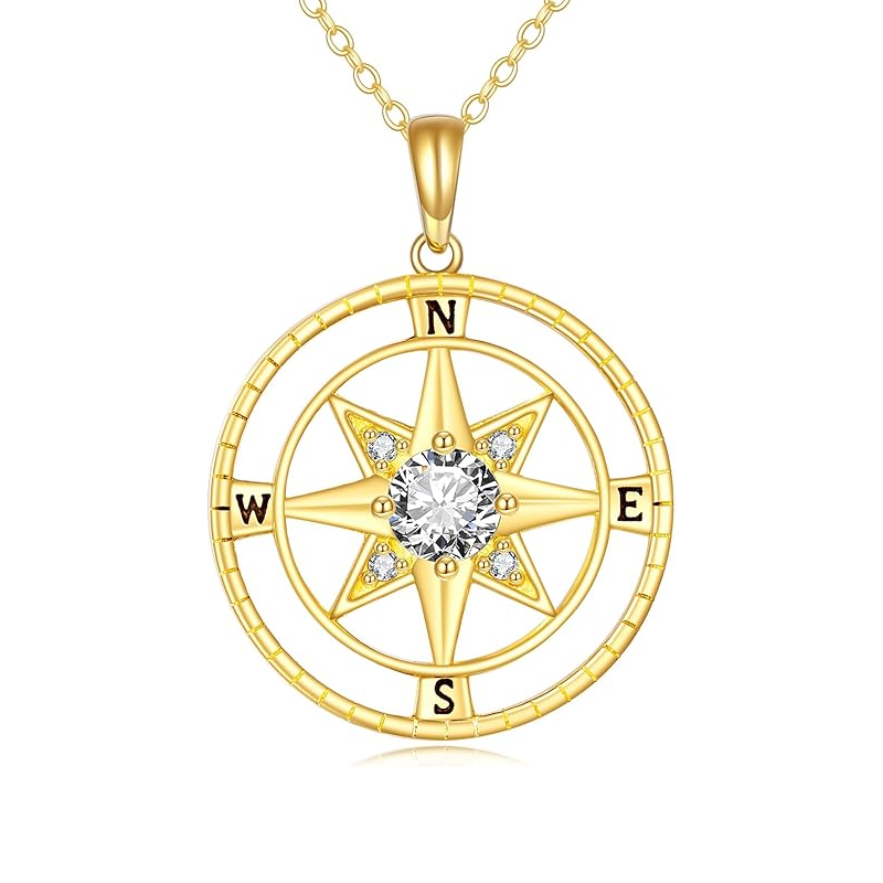 10K Gold Cubic Zirconia Compass Star Necklace for Women-1