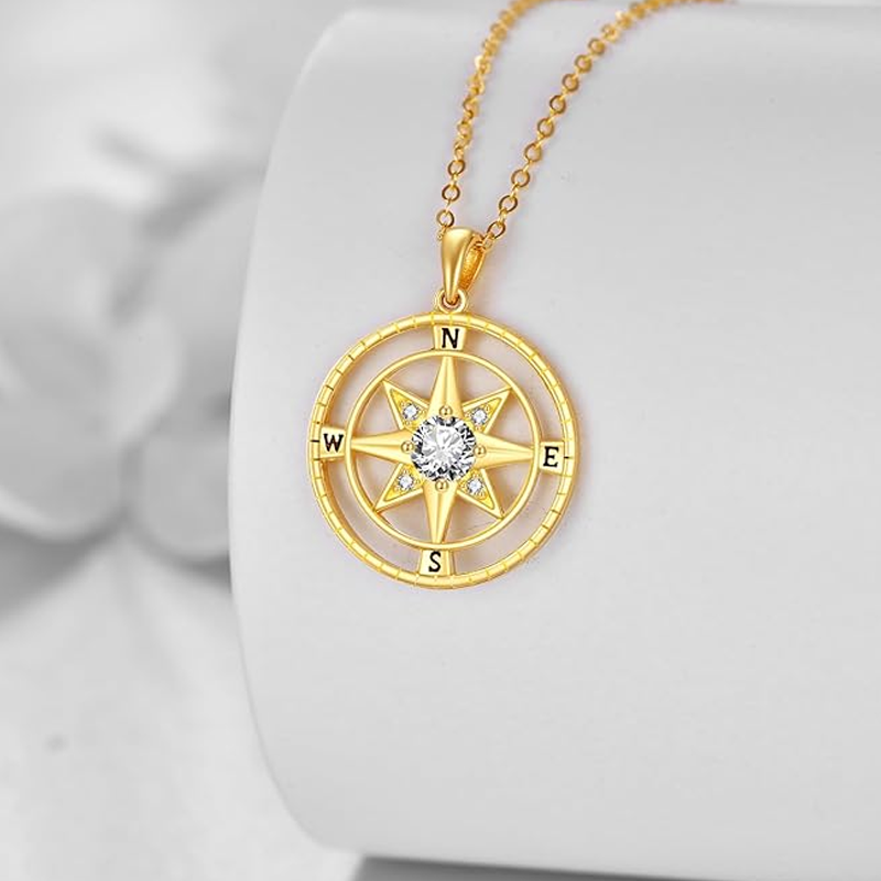 10K Gold Cubic Zirconia Compass Star Necklace for Women-4