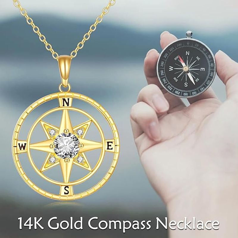 10K Gold Cubic Zirconia Compass Star Necklace for Women-5