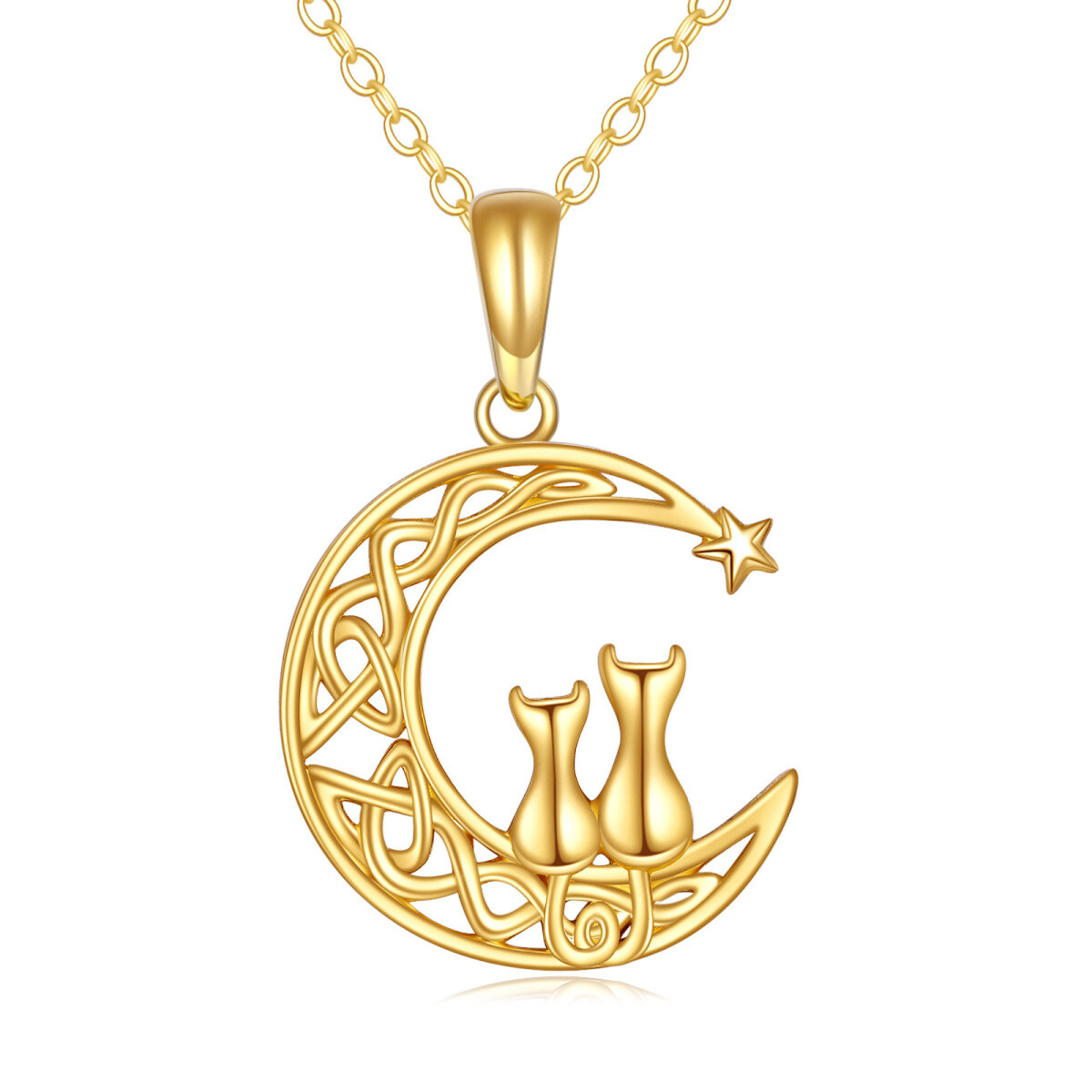 14K Gold Pärchen Katze & Mond Stern Anhänger Halskette-1