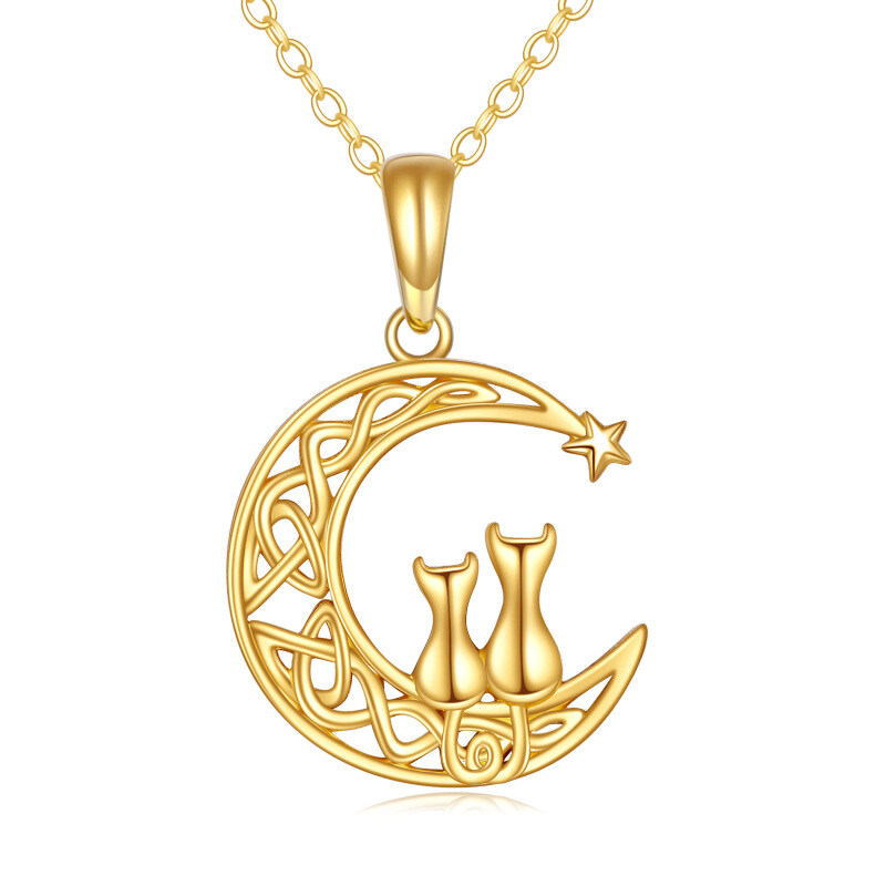 14K Gold Couple Cat & Moon Star Pendant Necklace