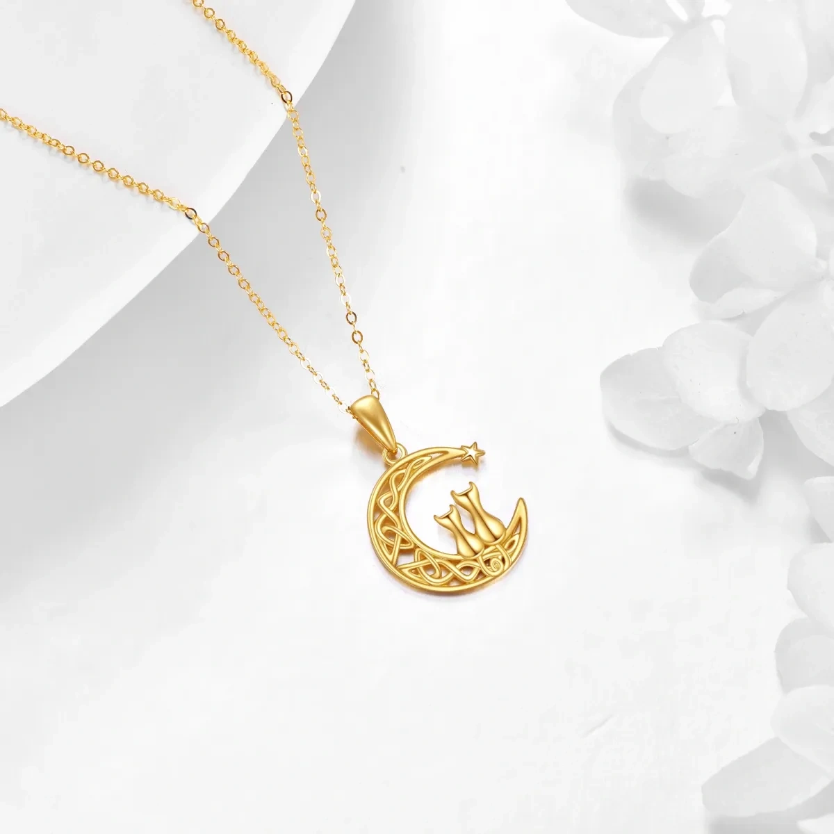 Collier en or 14K à pendentifs en forme de couple. de chat et d'étoile de lune-4