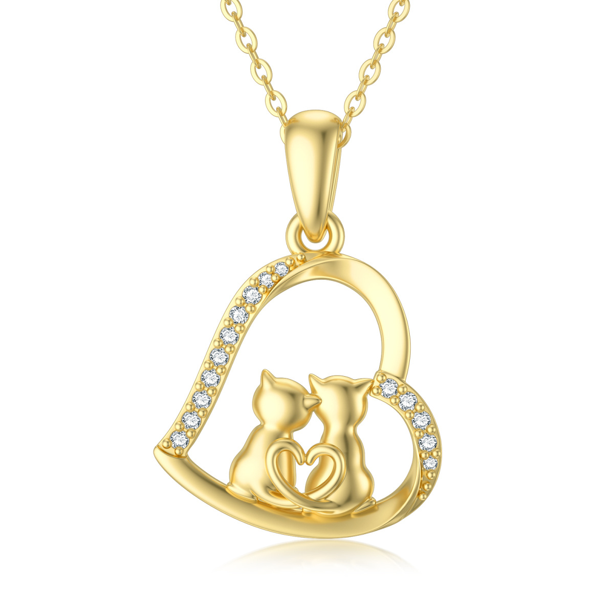 14K Gold Cubic Zirkonia Paar Katzen & Herz-Anhänger Halskette-1