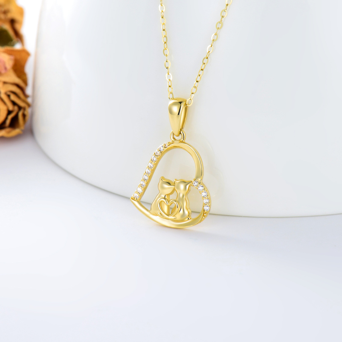 18K Gold Cubic Zirconia Couple Cats & Heart Pendant Necklace-3