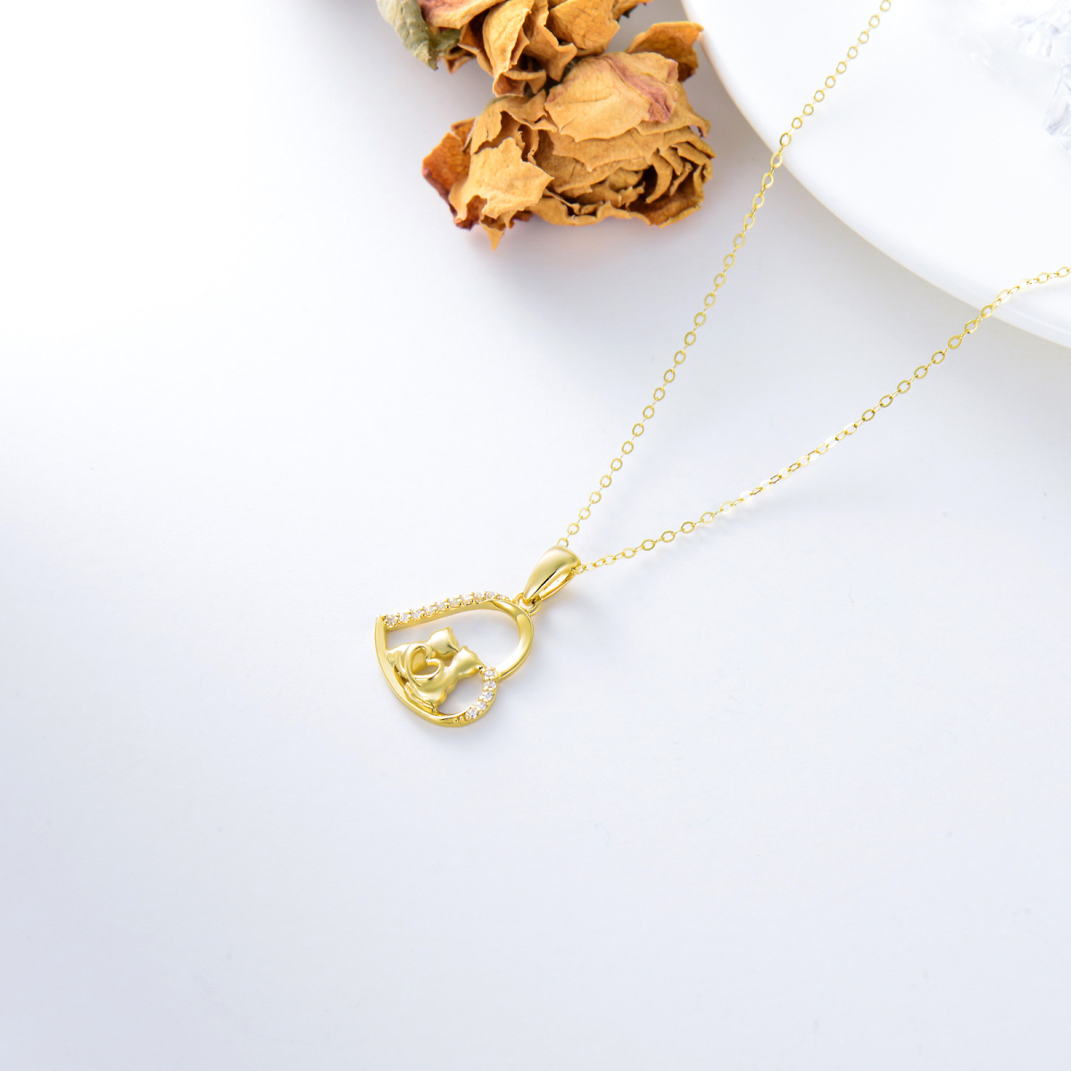 18K Gold Cubic Zirconia Couple Cats & Heart Pendant Necklace-4