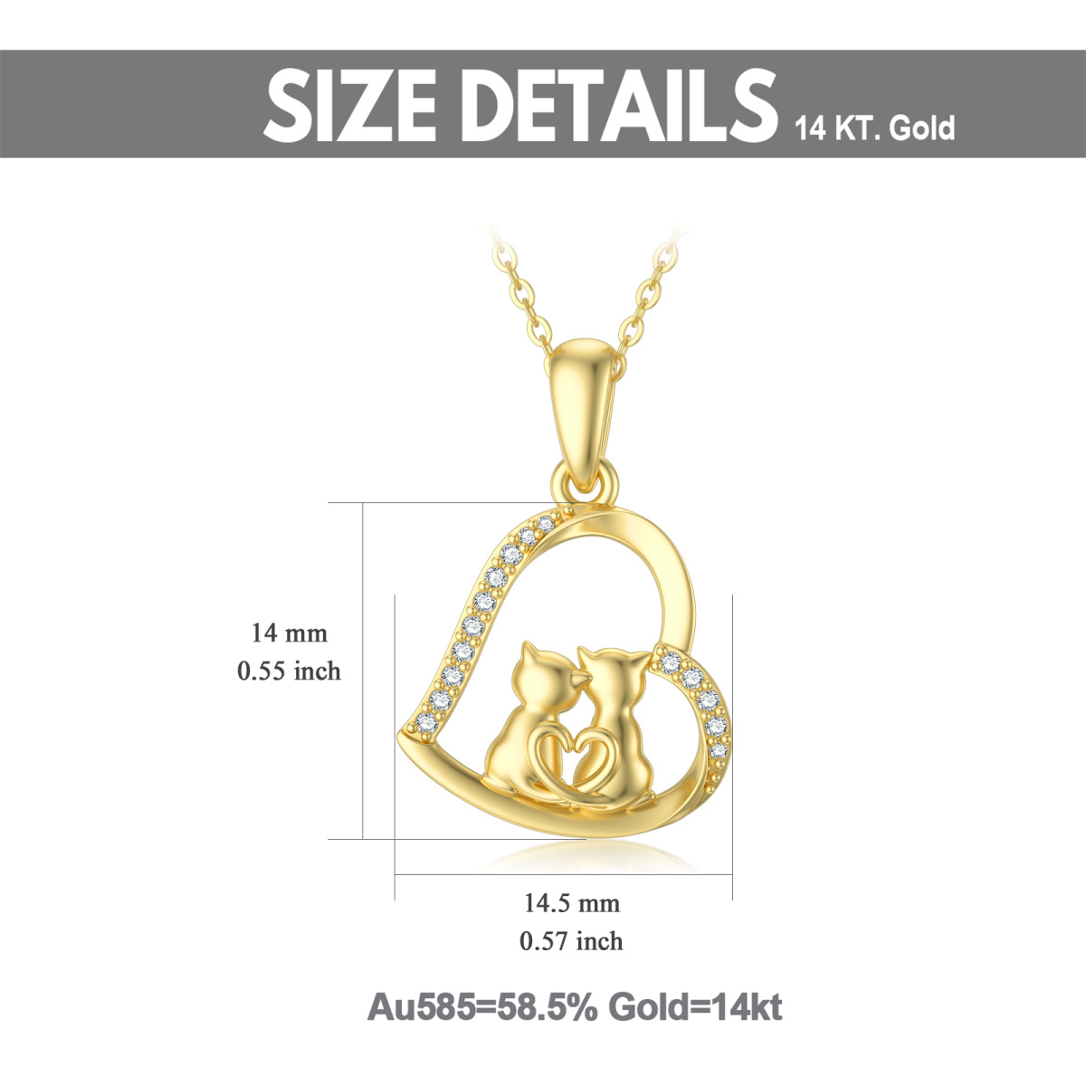 18K Gold Cubic Zirconia Couple Cats & Heart Pendant Necklace-5