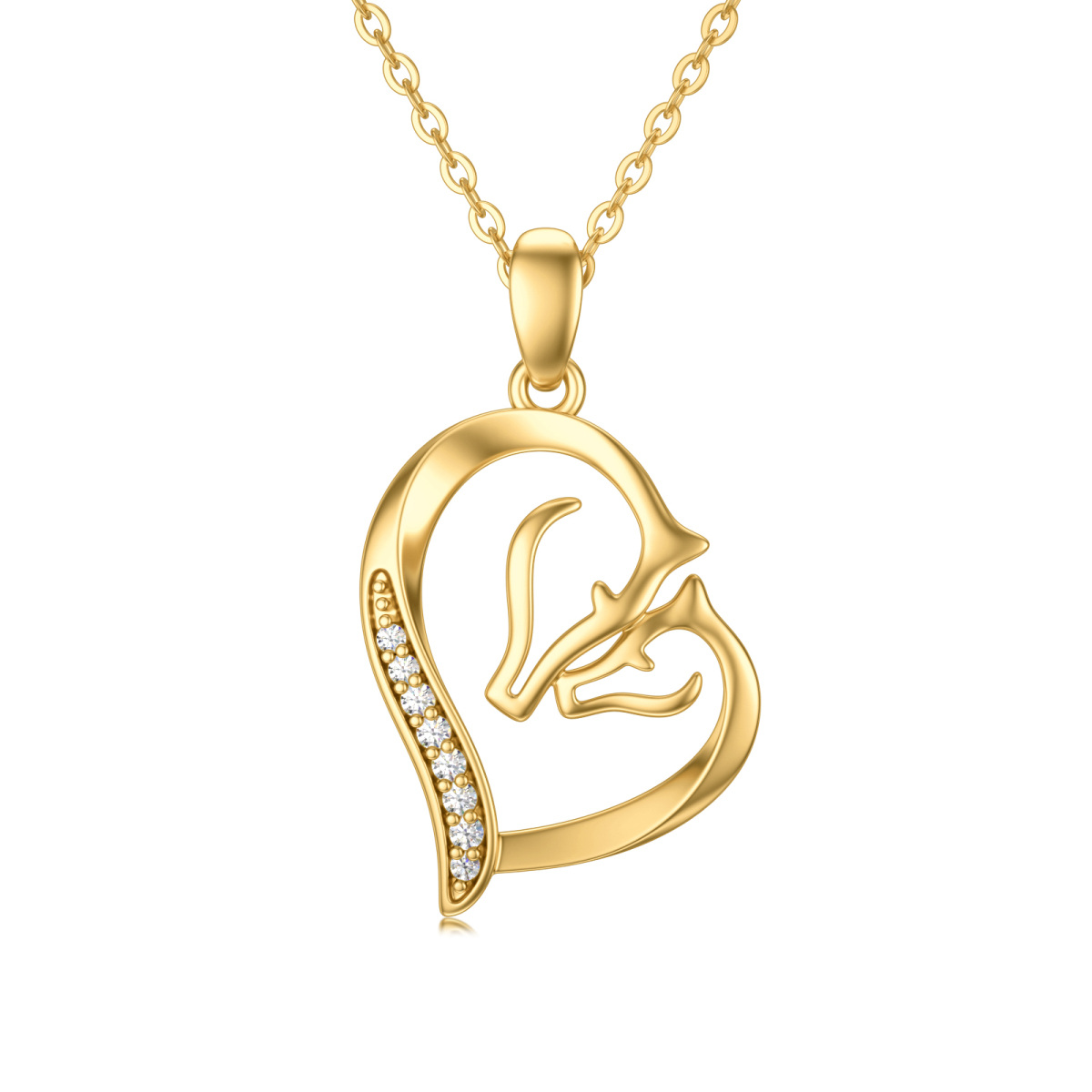 Collana con ciondolo a forma di coppia di cavalli e cuori in oro 14K con zirconia cubica-1