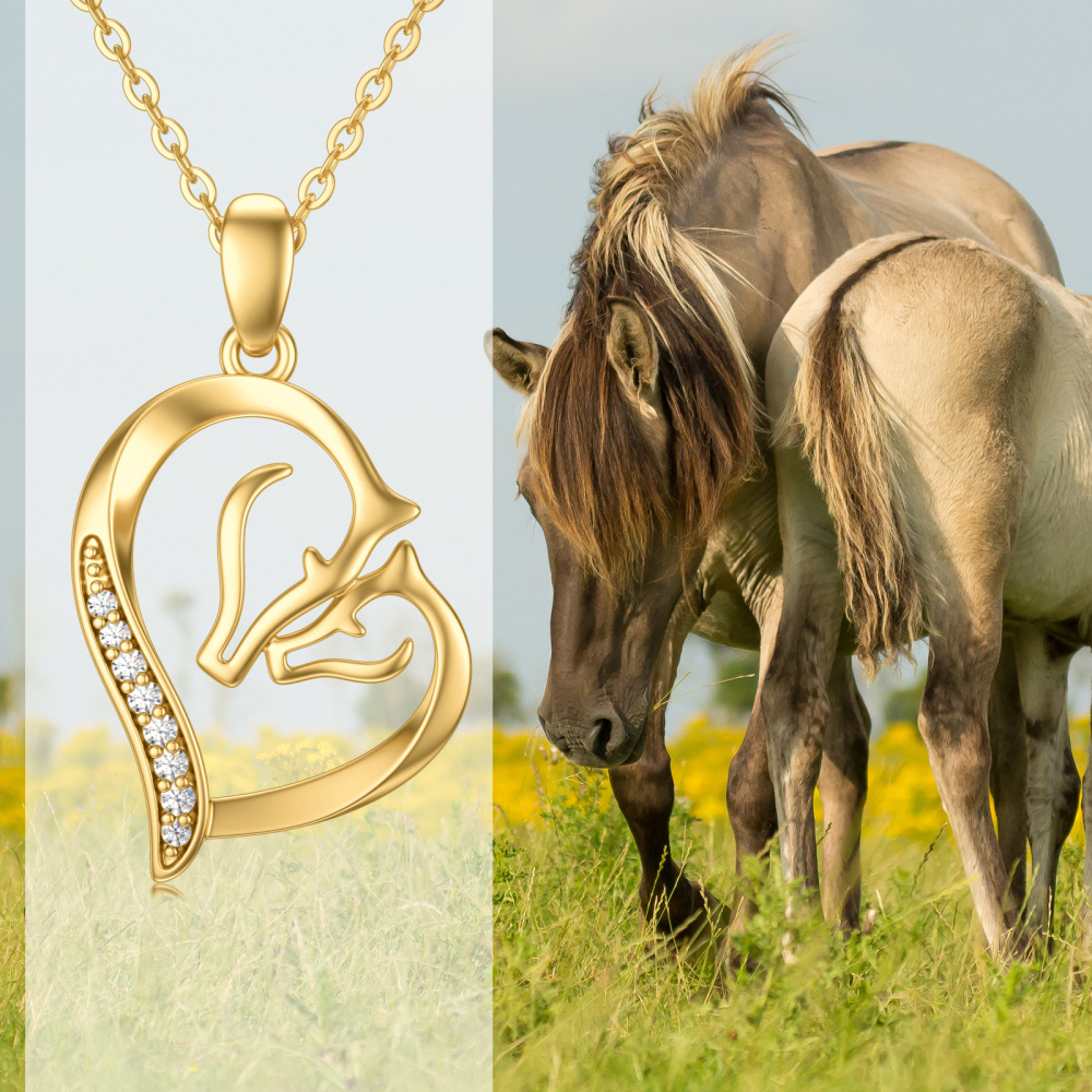 10K Gold Cubic Zirconia Couple Horse & Heart Pendant Necklace-3