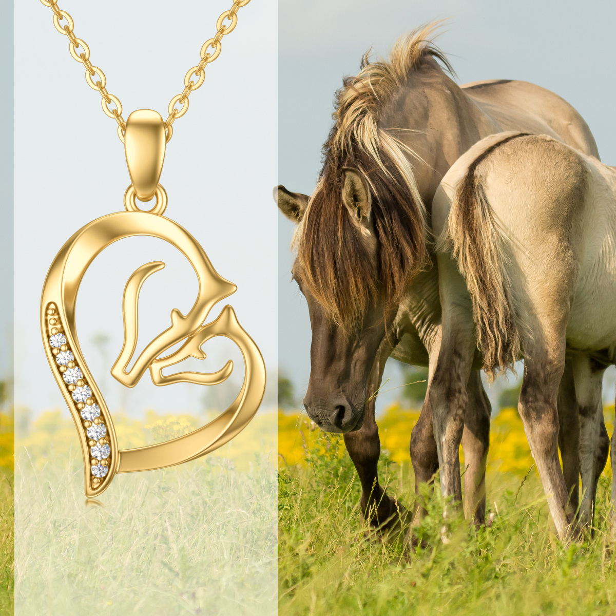 Colar com pingente de cavalo e coração para casal em zircónio cúbico em ouro de 14K-3