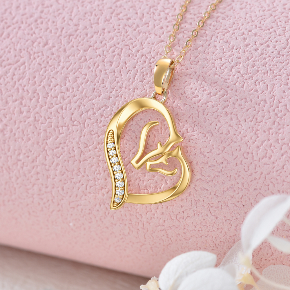10K Gold Cubic Zirconia Couple Horse & Heart Pendant Necklace-4