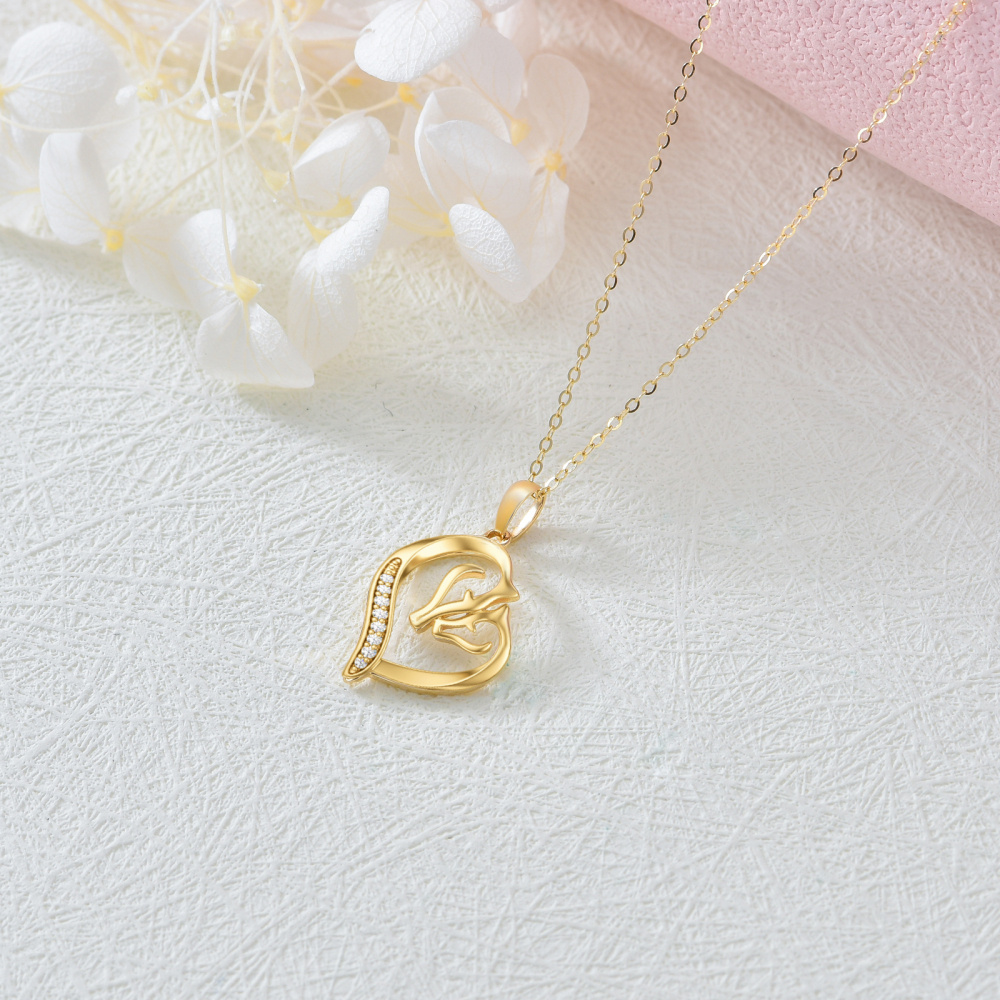 10K Gold Cubic Zirconia Couple Horse & Heart Pendant Necklace-5