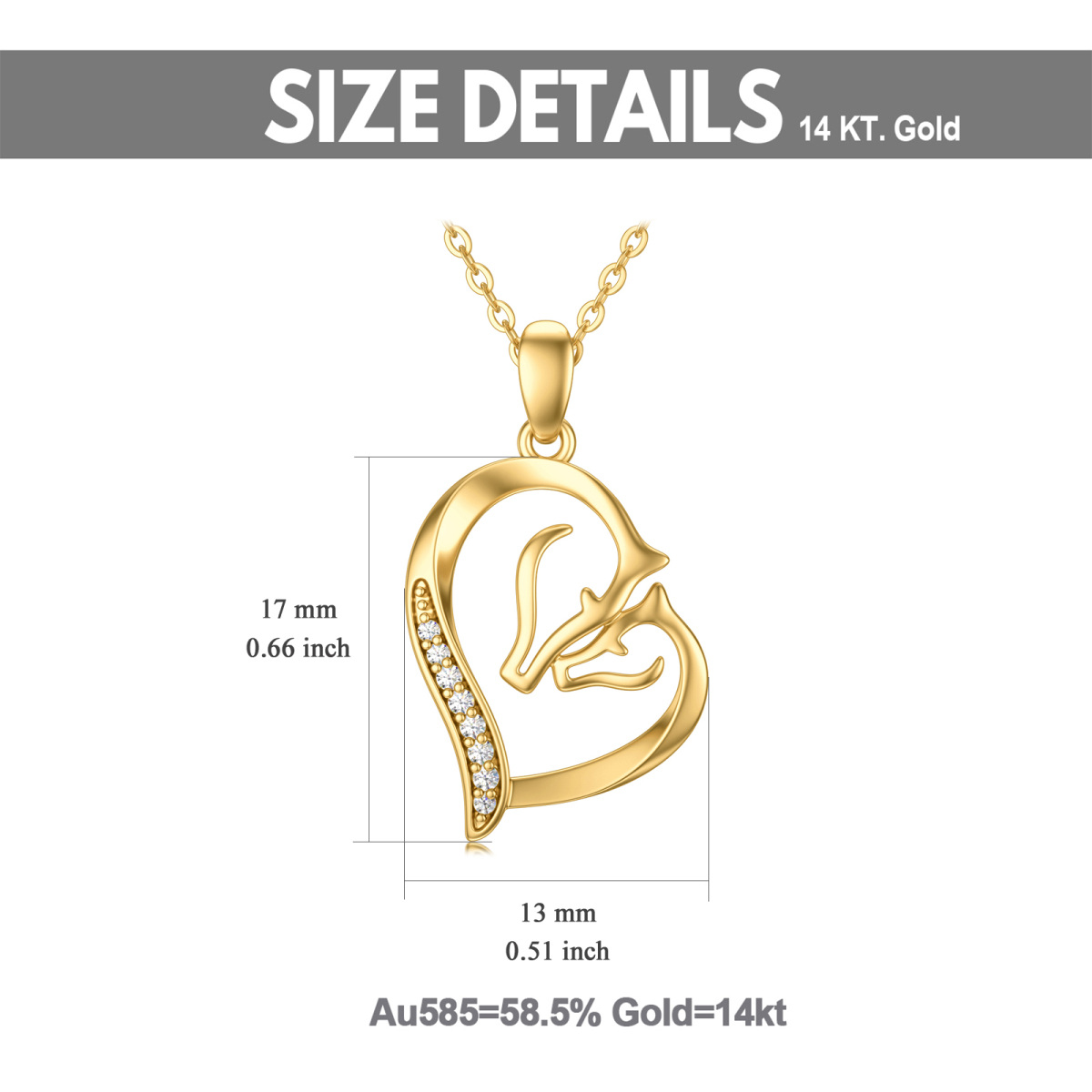 Collana con ciondolo a forma di coppia di cavalli e cuori in oro 14K con zirconia cubica-6