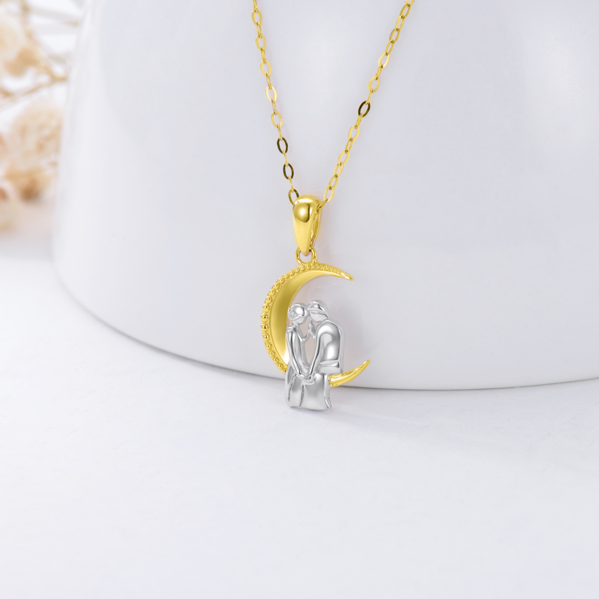 14K Gold Couple & Moon Pendant Necklace-4