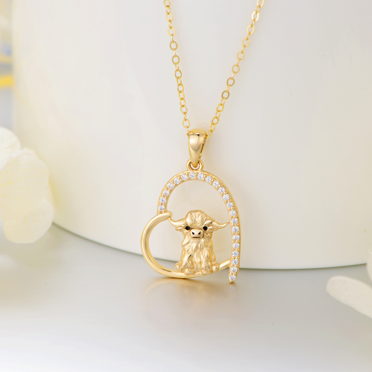 14K Gold Cubic Zirconia Cow & Heart Pendant Necklace-3