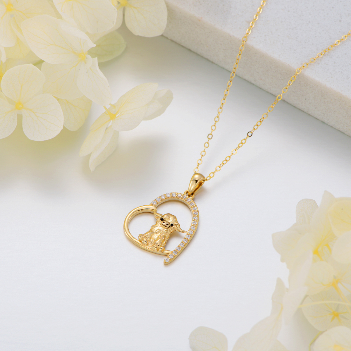 14K Gold Cubic Zirconia Cow & Heart Pendant Necklace-4