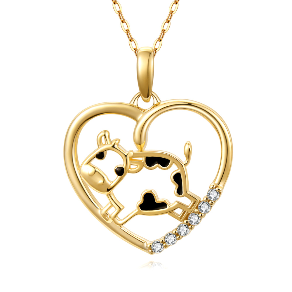 10K Gold Cubic Zirconia Cow & Heart Pendant Necklace-1