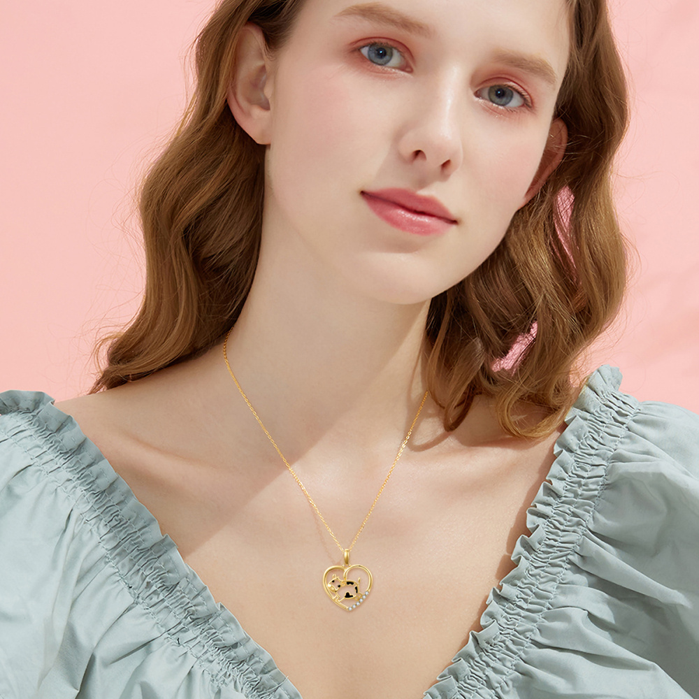 10K Gold Cubic Zirconia Cow & Heart Pendant Necklace-2